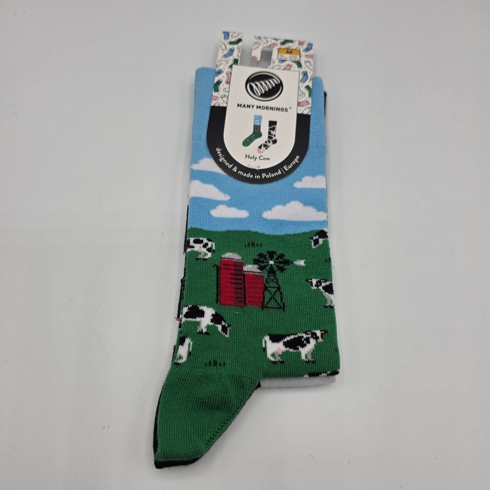 MANY MORNINGS‎ Holy Cow Farm Pattern Socks Medium 8.5-10.5  Blue/Green New